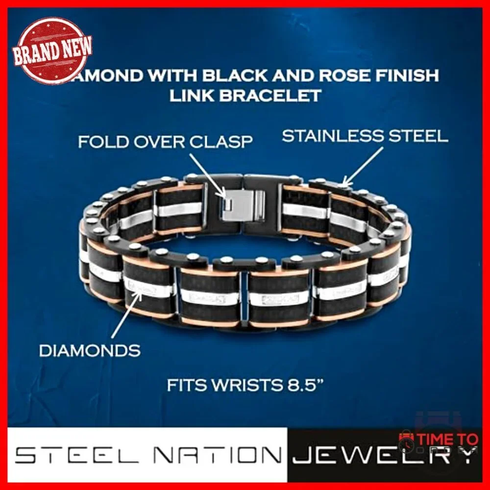 Stainless Steel Link Bracelet with Diamond Accents, 8.5 Inches